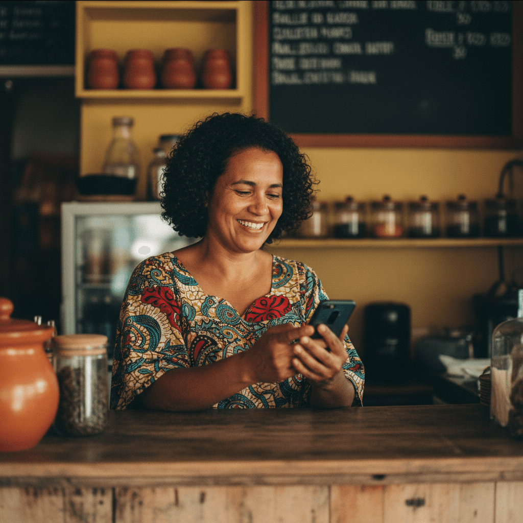 Une restauratrice découvre son site sur son téléphone, derrière son comptoir
